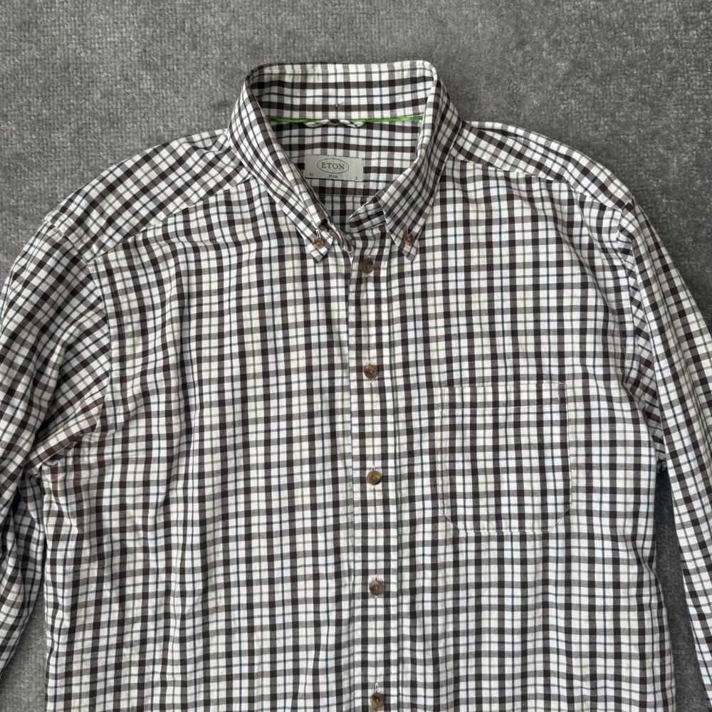 Eton Shirt Mens 16.5 42 Slim Brown Green Check Plaid Button Down Long Sleeve - Picture 2 of 12